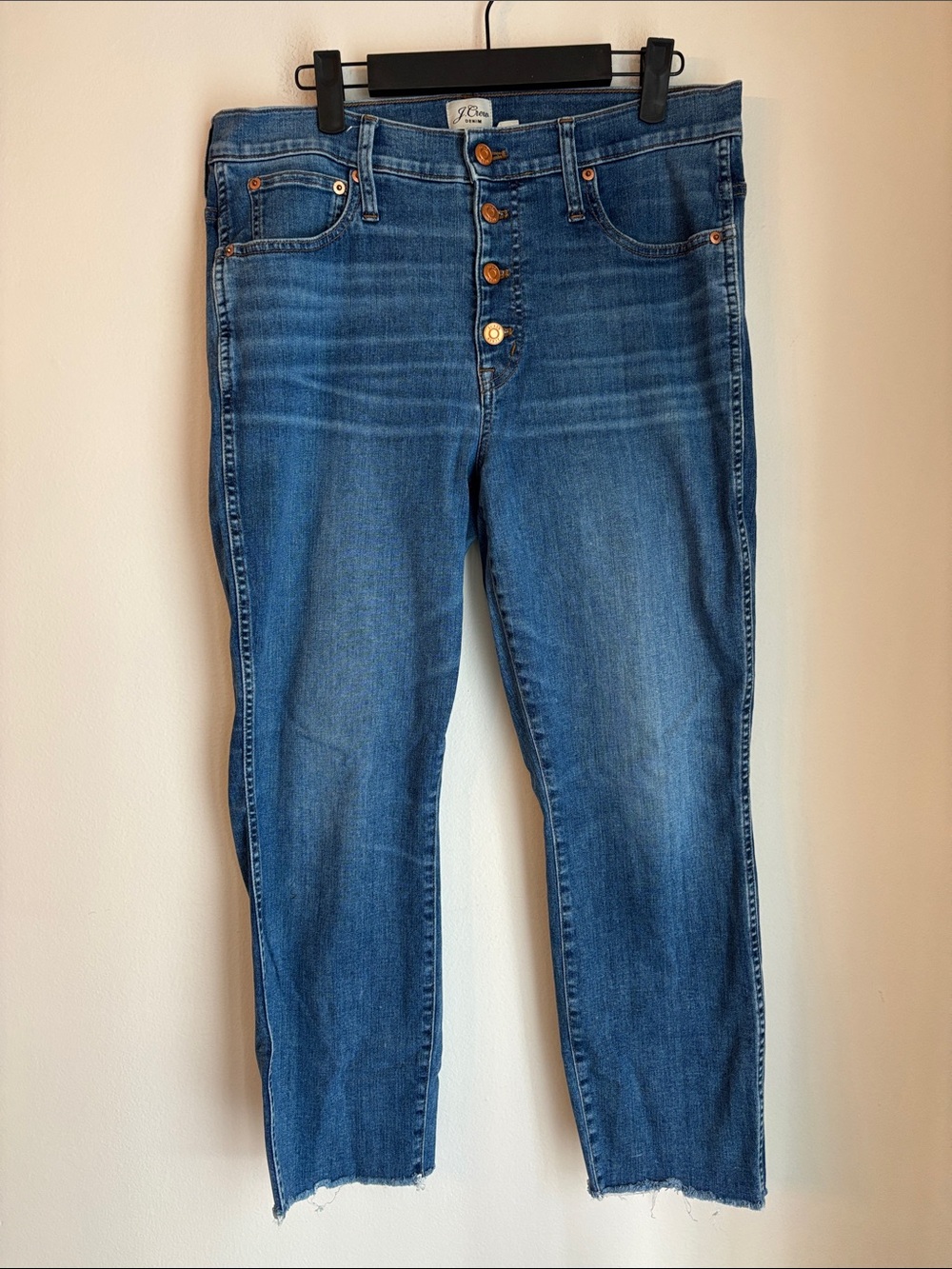 J. Crew Cropped Button-Fly Mid-Blue Women's Jeans stretch size 30 raw hem GUC